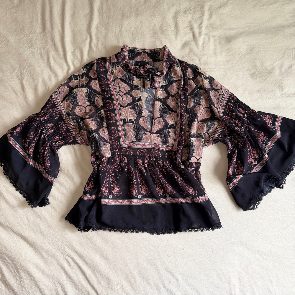 Anna Sui Boho Sheer Blouse Bell Sleeve Tie Neck Romantic Top